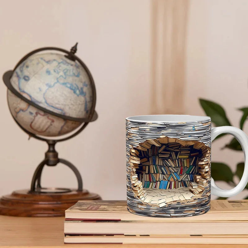 Stylish 3D library bookshelf coffee mug, a unique ceramic decor piece for any book lover's home or office desk.