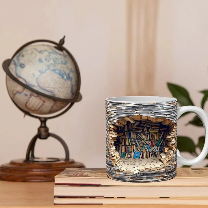 Stylish 3D library bookshelf coffee mug, a unique ceramic decor piece for any book lover's home or office desk.