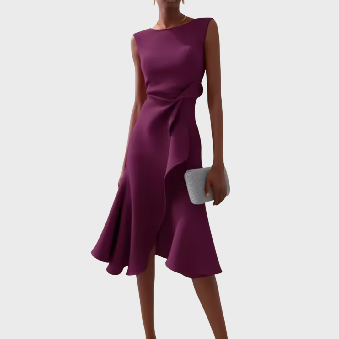 Modern women's formal midi dress with elegant draping, an asymmetric silhouette, and delicate ruffles.