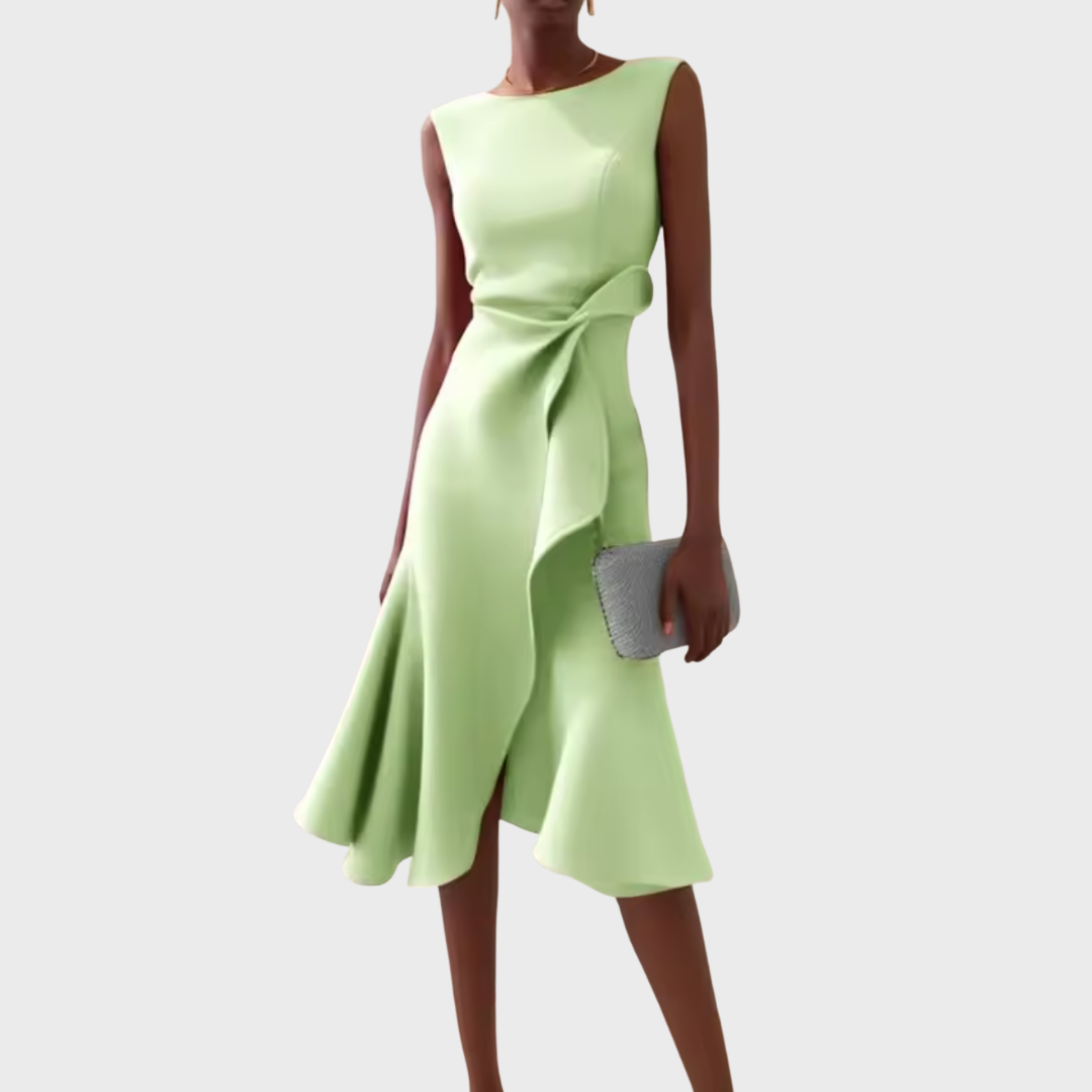 Chic women's wedding guest dress, a draped sleeveless midi with a unique asymmetric ruffle style.