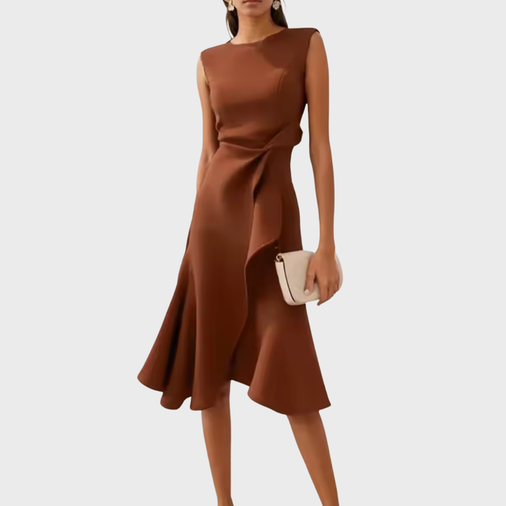 Elegant women's cocktail dress, a draped midi with a striking asymmetric ruffle hemline for formal wear.