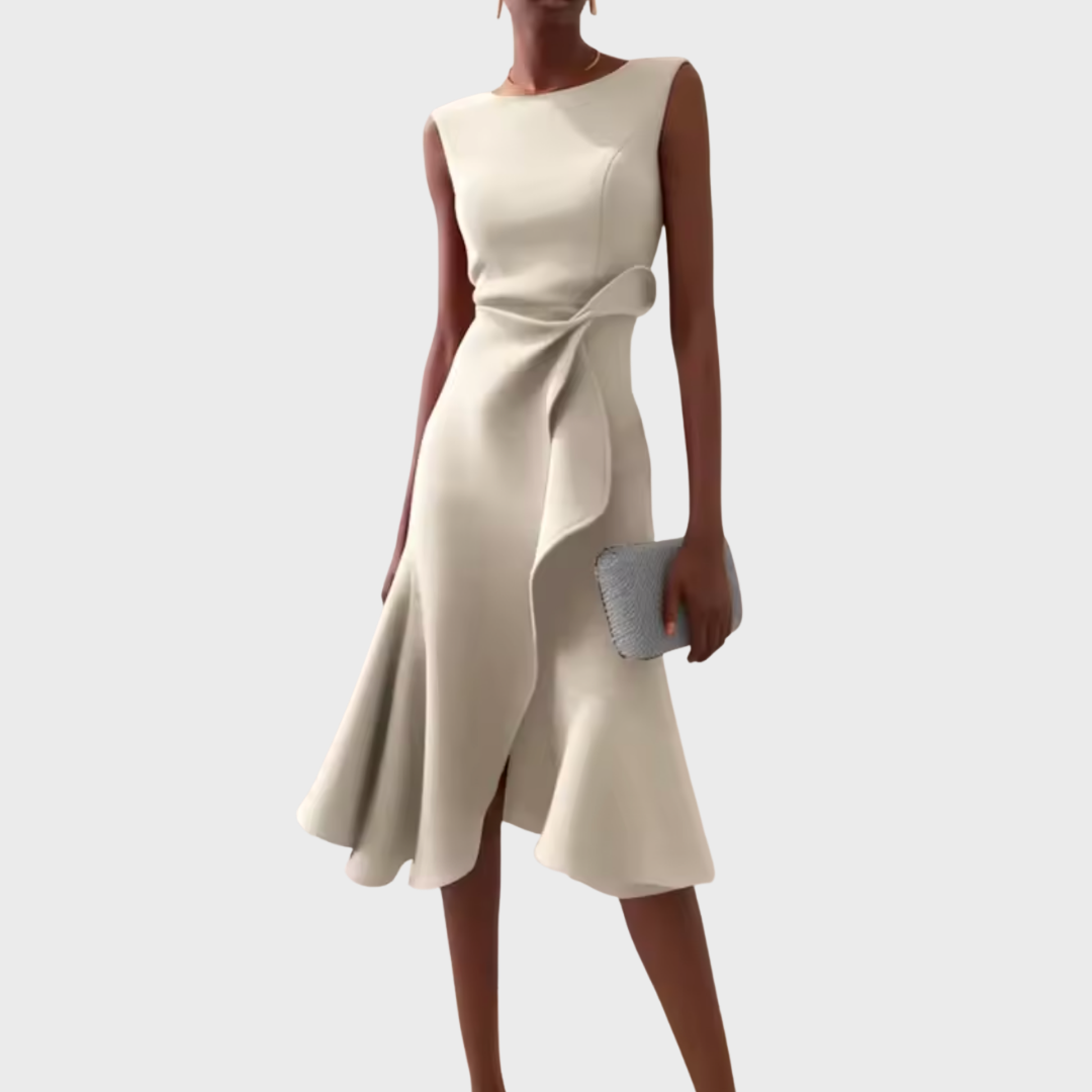 Sophisticated women's special occasion midi dress, sleeveless, with beautiful draping & asymmetric ruffles.