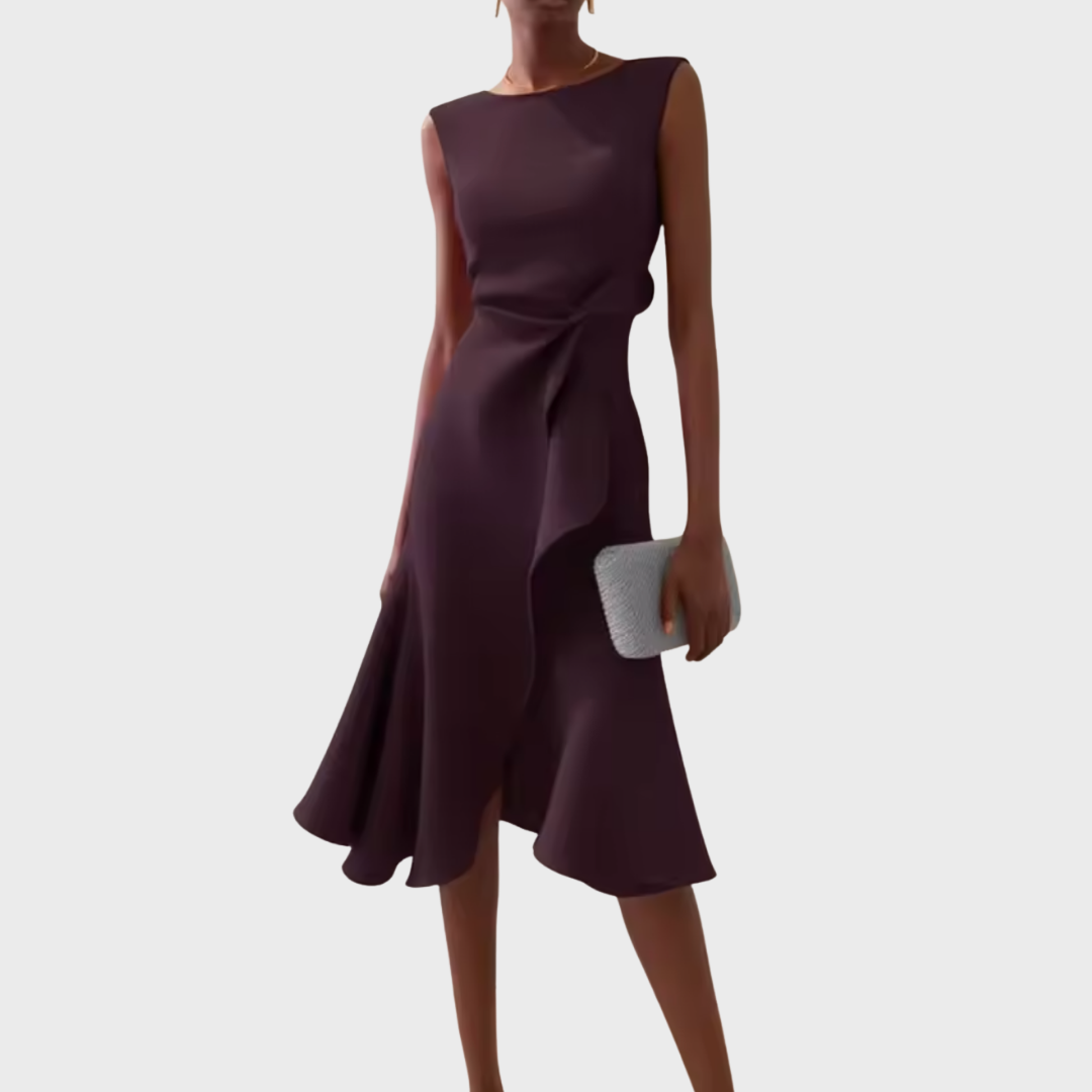 Women's formal midi dress showcasing a flattering draped bodice and a stylish asymmetric ruffle skirt.