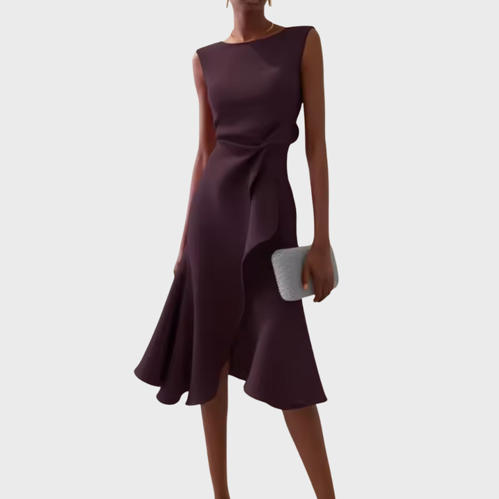 Women's formal midi dress showcasing a flattering draped bodice and a stylish asymmetric ruffle skirt.