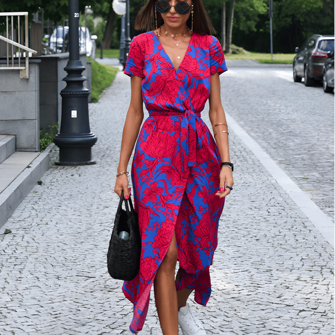 New women's summer midi dress, featuring a flattering split hem, lace-up front, and chic V-neck design.