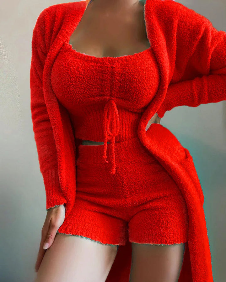 Versatile women's 3-piece cozy set, featuring a top, pants, and cardigan for layering.