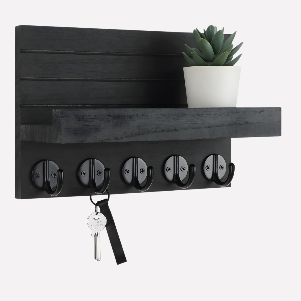 Black paulownia wood entryway wall organizer with 4 key hooks, a mail slot, and a display shelf for home storage.