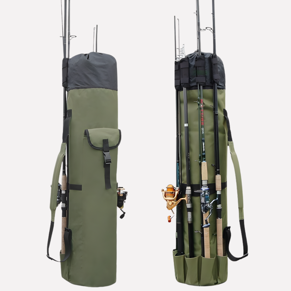 Durable green fishing rod storage case & gear bag, perfect for anglers protecting rods & tackle during travel. Portable organizer.