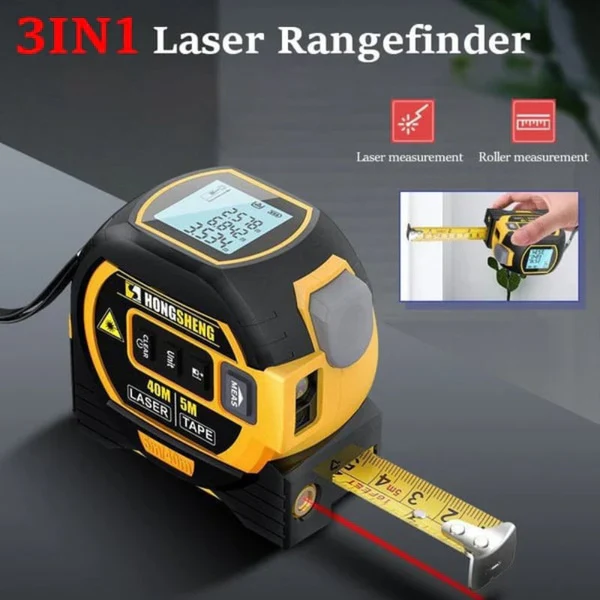 Versatile blue & yellow 3-in-1 laser tape for efficient digital measuring in DIY & professional settings.