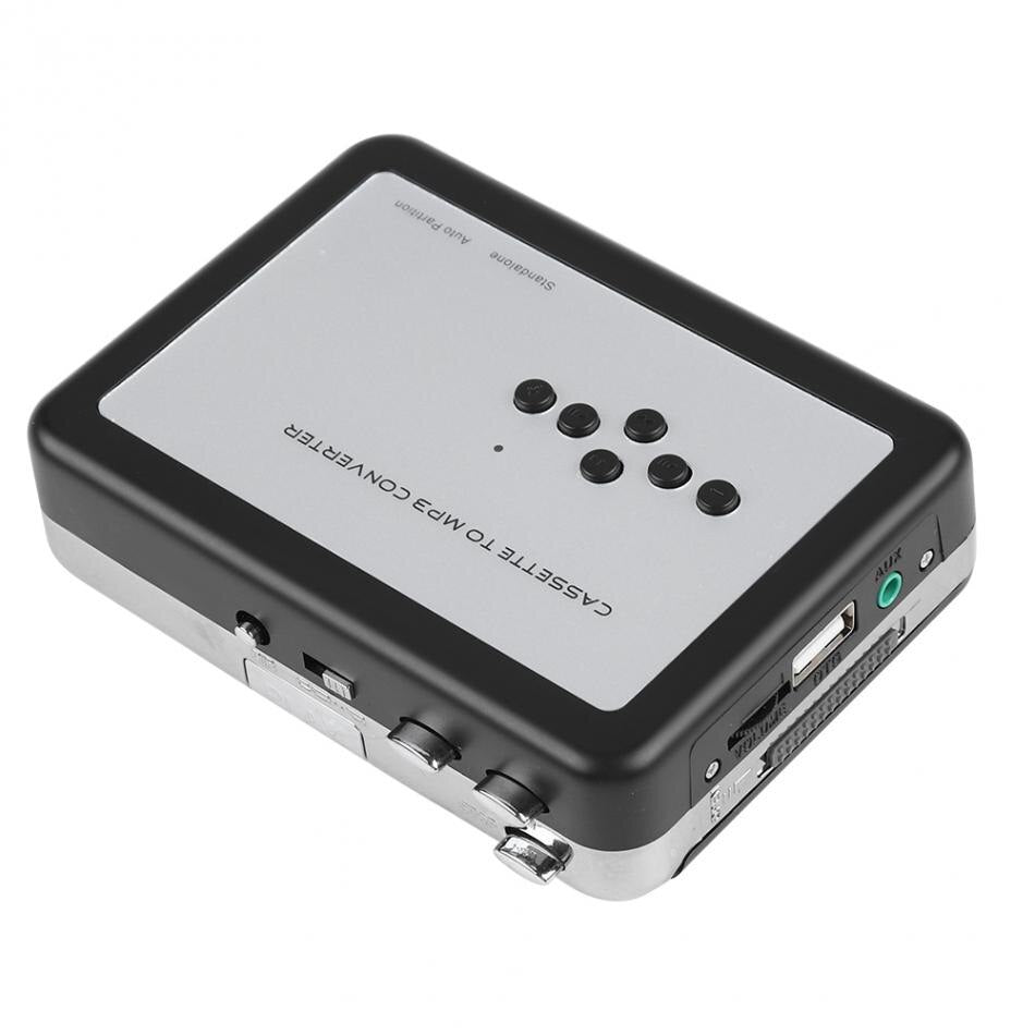 Portable audio digitizer converts cassette tapes directly to MP3 files via USB, preserving vintage music.