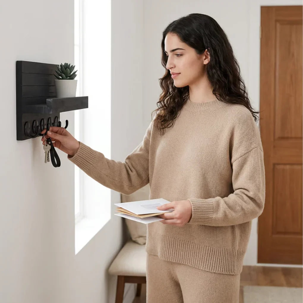 Modern entryway wall key & mail holder in black paulownia wood, featuring a shelf and hooks for home organization.
