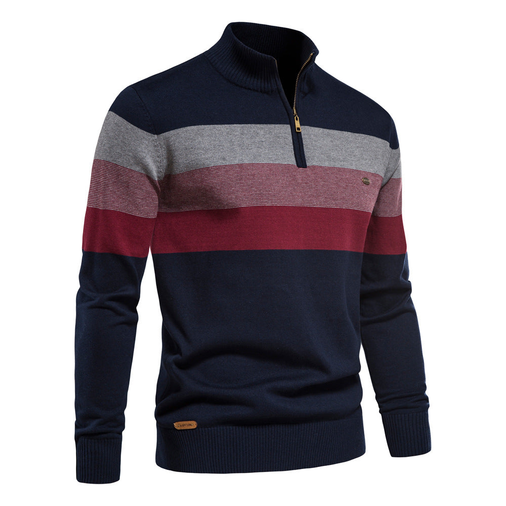 Men's black-blue & grey colorblock half-zip, modern pullover with a stand collar.