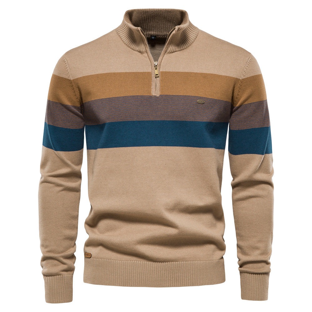 Stylish men's grey colorblock half-zip sweater with stand collar for modern fashion.