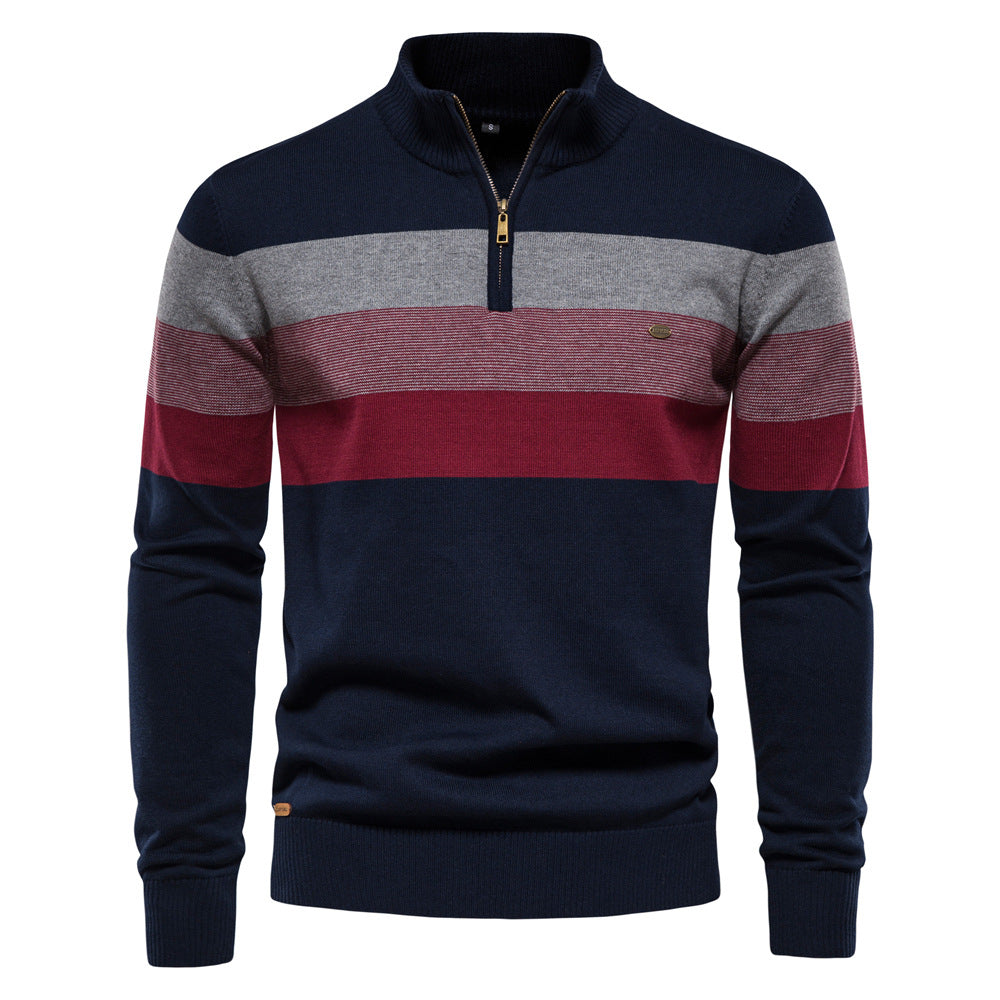Navy blue colorblock half-zip sweater, men's fashion pullover for modern layering.