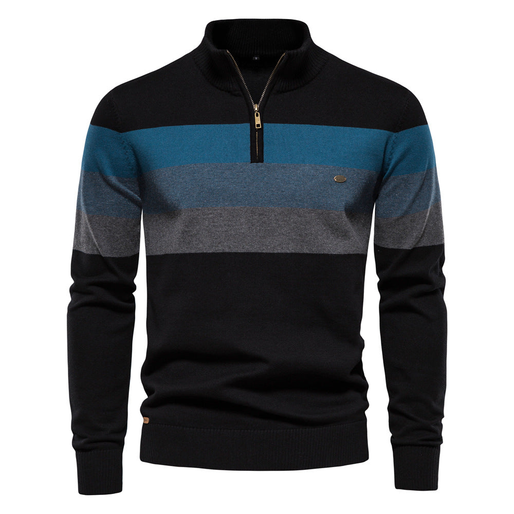 Stylish men's khaki half-zip, colorblock sweater with stand collar for casual fashion.