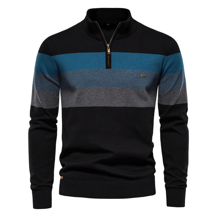 Stylish men's khaki half-zip, colorblock sweater with stand collar for casual fashion.