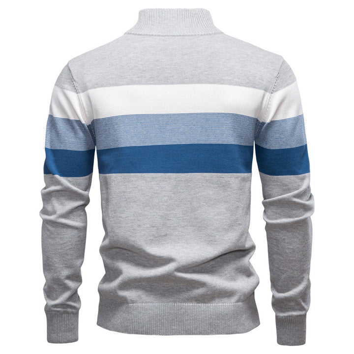 Green colorblock half-zip sweater, men's modern layering piece with a stand collar.