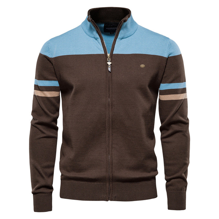 Men's modern colorblock zip cardigan, lightweight layering sweater.
