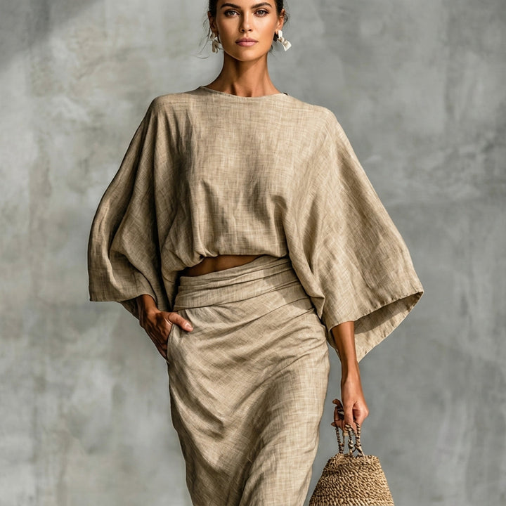 Chic Holly women's beige coordinated skirt set. Versatile & elegant for a stylish summer outfit or casual wear.