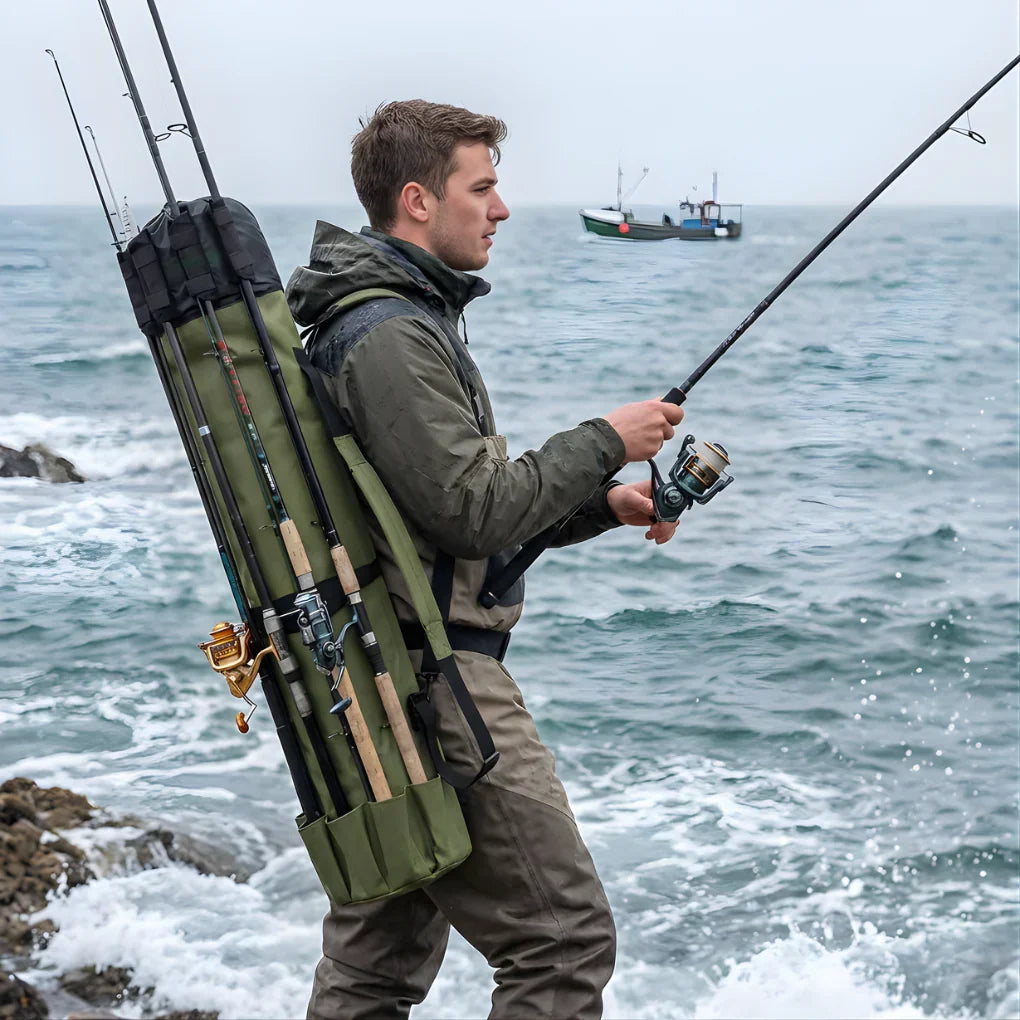 Angler's portable green fishing gear bag & rod case. Organize fishing accessories & tackle for outdoor fishing trips. Travel-ready.