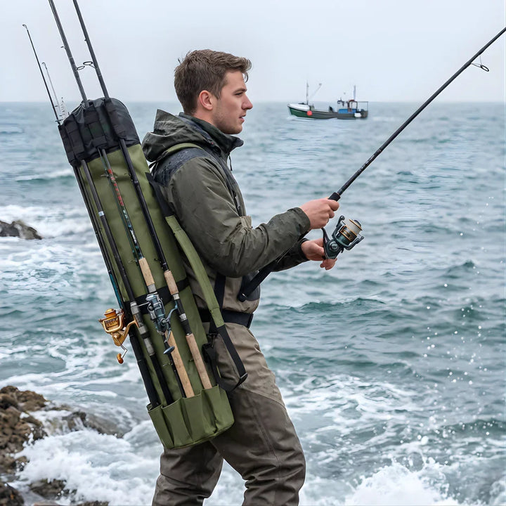 Angler's portable green fishing gear bag & rod case. Organize fishing accessories & tackle for outdoor fishing trips. Travel-ready.