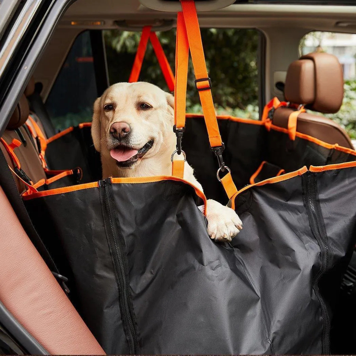 Black universal waterproof quilted pet back car seat cover for dogs, protecting vehicle interior during travel. Easy clean.