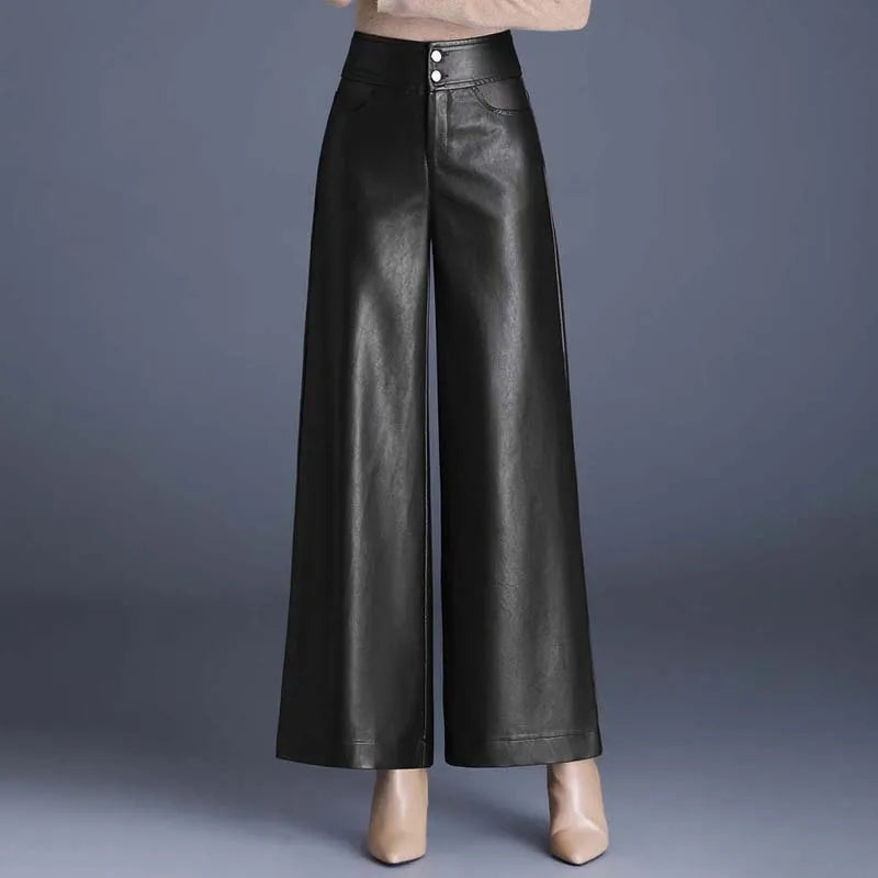 Women's high-waist wide-leg pants with a sleek finish and comfortable stretch fit. Fashionable and versatile apparel.