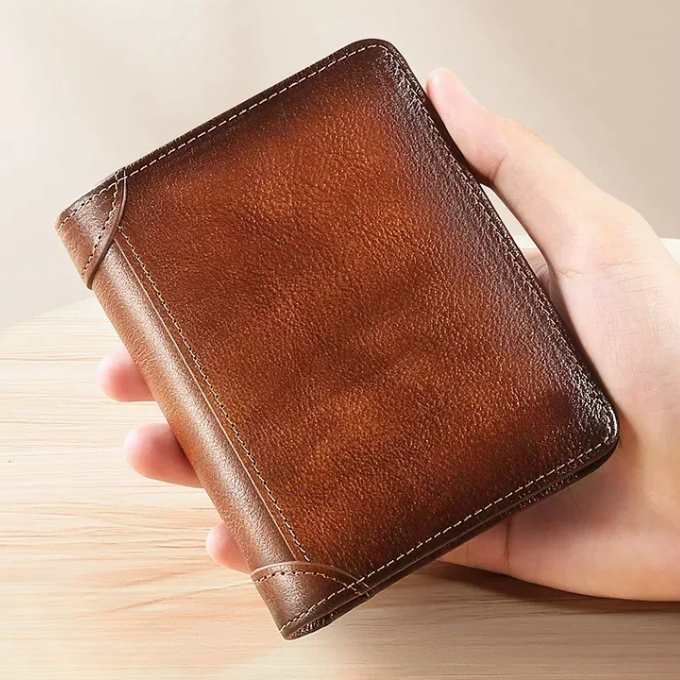Close-up of the rich texture on a durable genuine leather men's wallet, highlighting its vintage appeal.