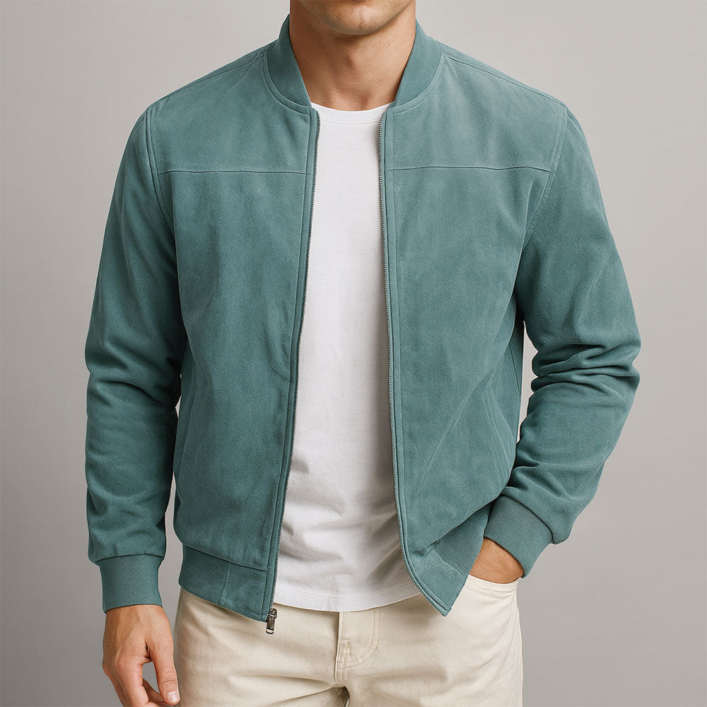 Green men's zip bomber jacket, perfect for everyday wear & layering. Modern casual urban outerwear.