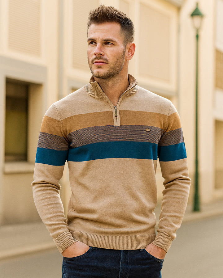 Stylish navy & grey colorblock half-zip pullover for men's modern casual fashion.