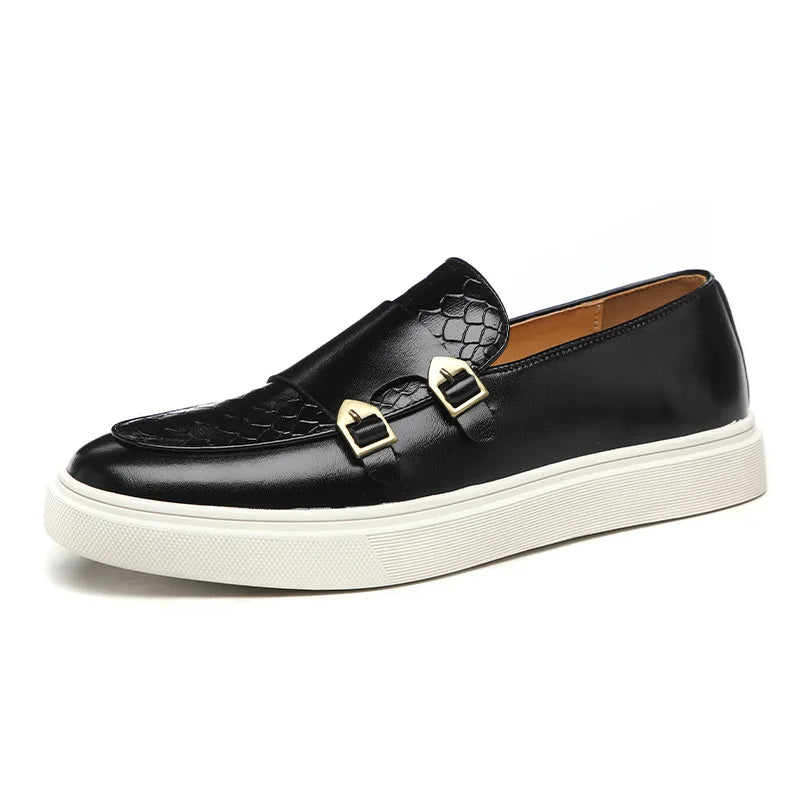 Elegant men's formal loafers, black croc-embossed design with prominent double buckle accents.
