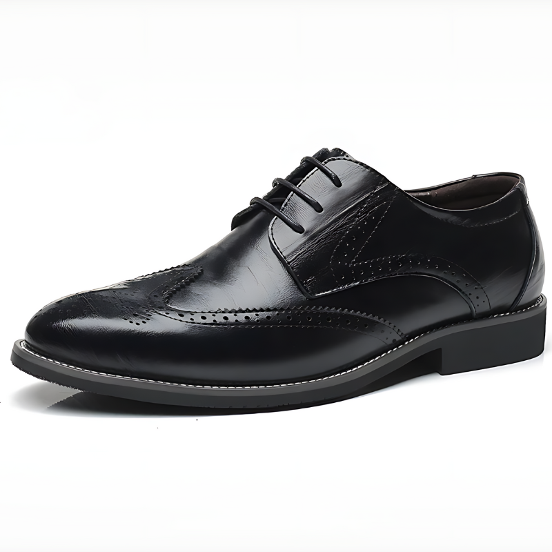 Versatile black men's brogue oxfords, a classic, comfortable dress shoe for formal occasions.