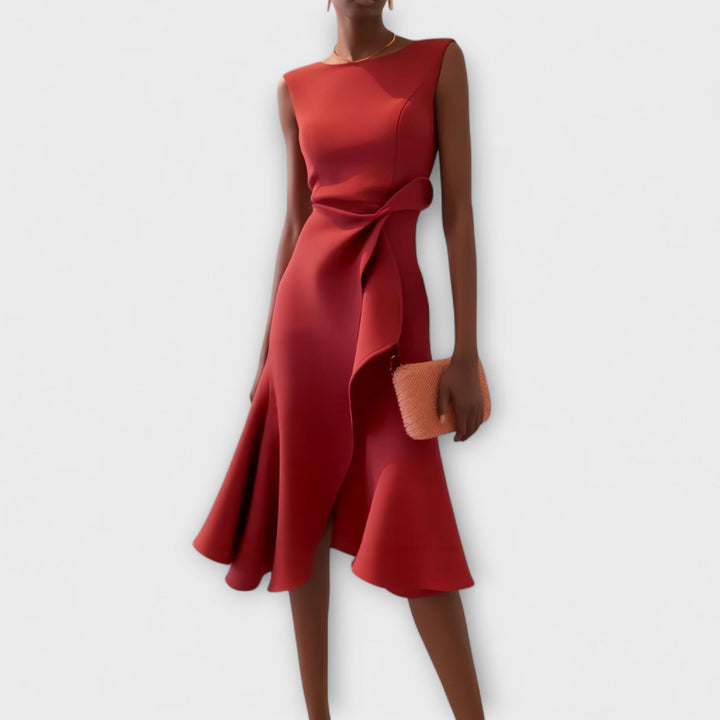 Stylish women's sleeveless midi dress featuring elegant draping & asymmetric ruffles for formal occasions.