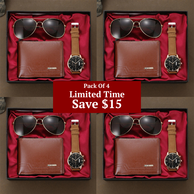 Men's sophisticated accessory gift set: a timepiece, genuine leather wallet, and classic aviator sunglasses.