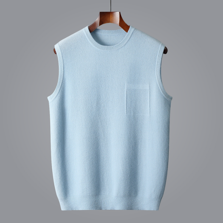Light gray men's crew neck sweater vest, a versatile and elegant layering piece for business casual style.