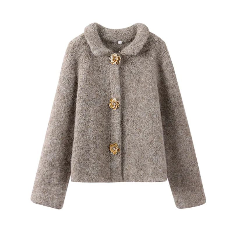 Women's gray vintage floral knit cardigan with long sleeves & elegant buttons. Cozy fashion sweater.