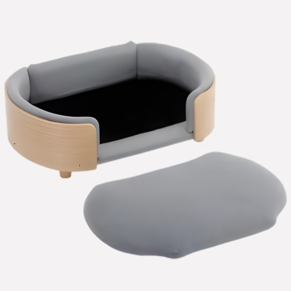 Luxury wooden dog sofa bed with orthopedic support & plush washable cushion. Ideal for pet joint comfort & relaxation.