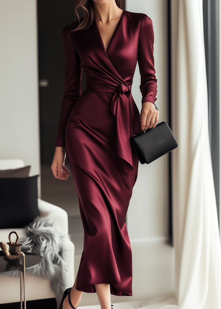 Stunning women's long sleeve wrap dress, ideal as a wedding guest dress or for special occasion wear.