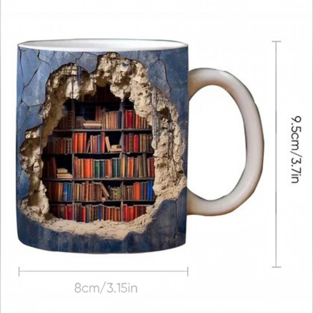Unisex 3D library bookshelf coffee mug, a unique ceramic mug with a realistic literary design, ideal for readers.