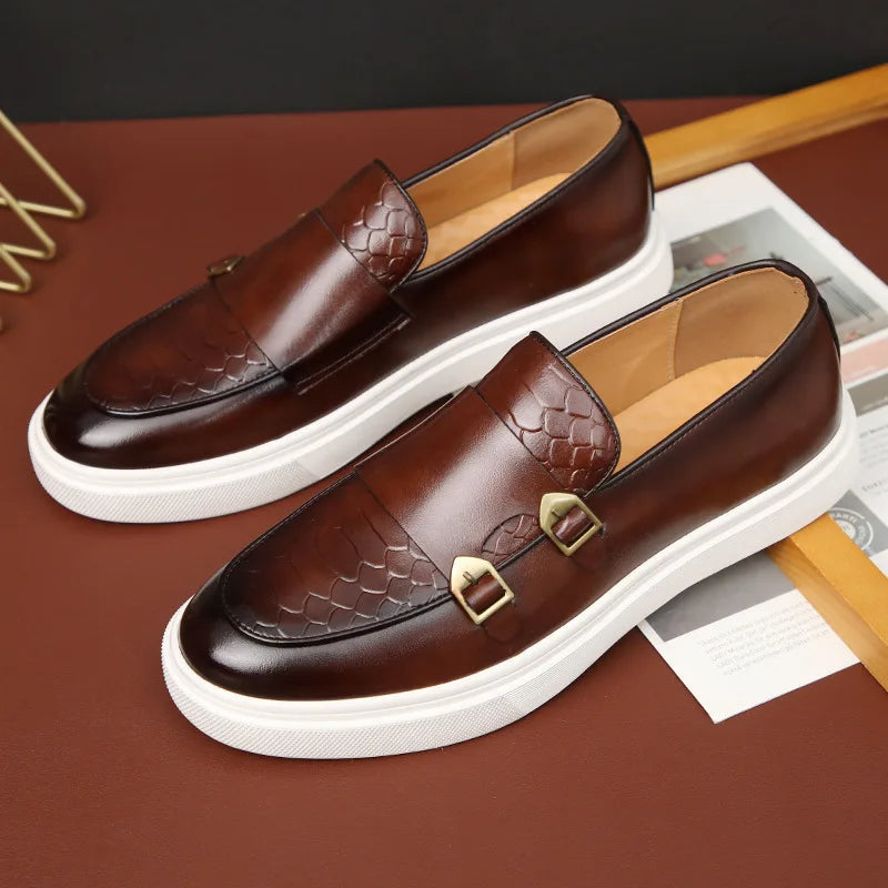 Men's croc-embossed loafers with elegant double buckle closure. Stylish slip-on dress shoes.