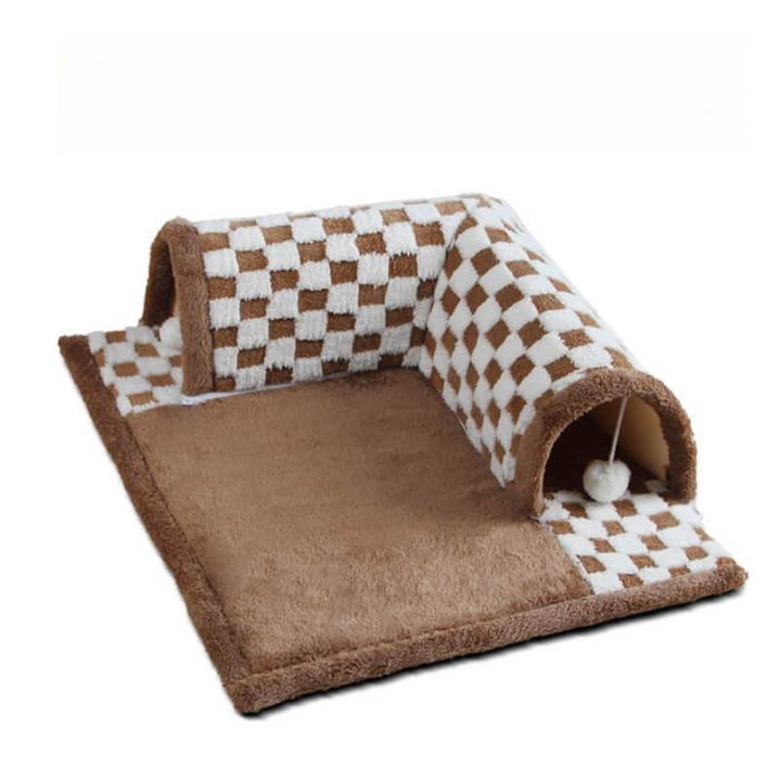 Side view of the 2-in-1 plaid cat bed, showcasing its versatile design for cats' enjoyment