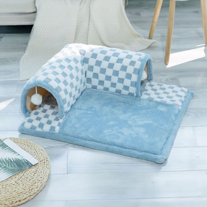 Detail of the durable plaid exterior of the 2-in-1 cat tunnel bed, a stylish pet bed