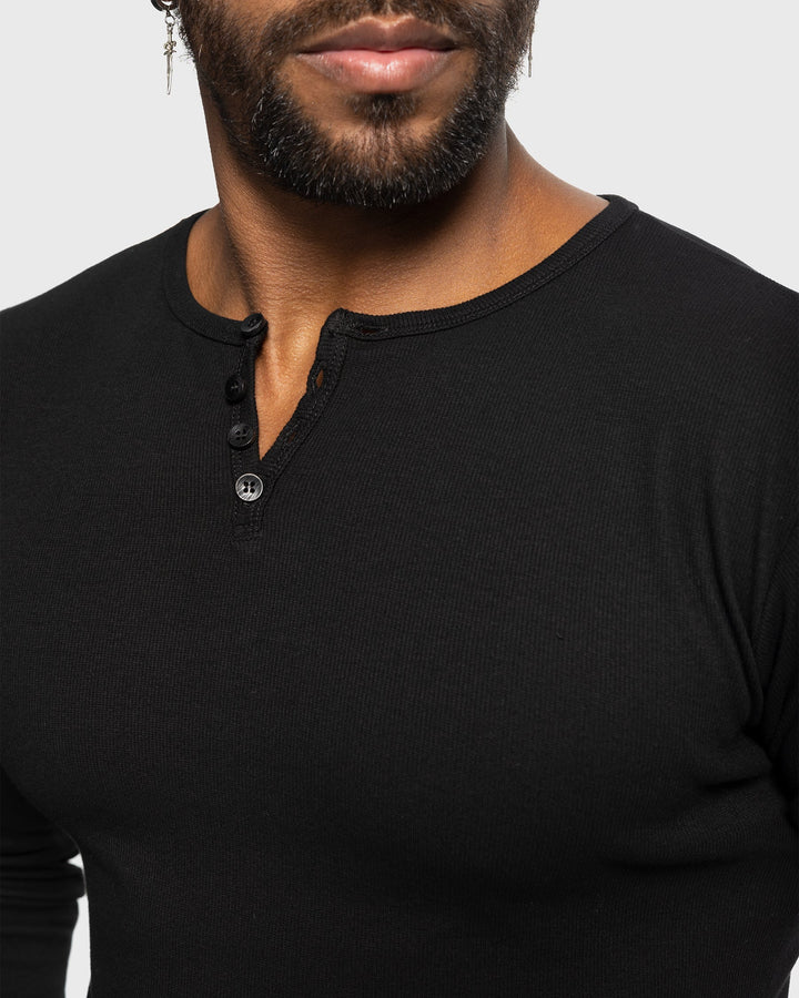 Fashionable men's long sleeve henley, ribbed design ensures comfort & modern style.
