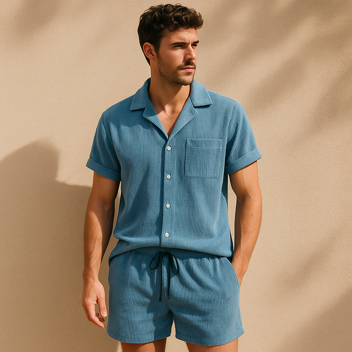 Women's relaxed two-piece summer set: button-up shirt & drawstring shorts. Ideal casual wear or vacation outfit.