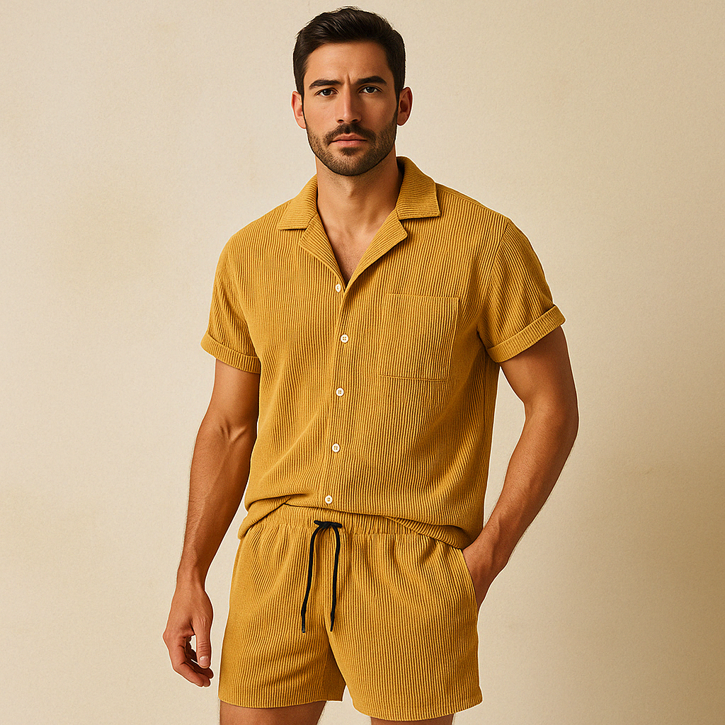 Woman wearing a relaxed two-piece summer set. Button-up shirt & drawstring shorts for effortless, comfortable casual wear.
