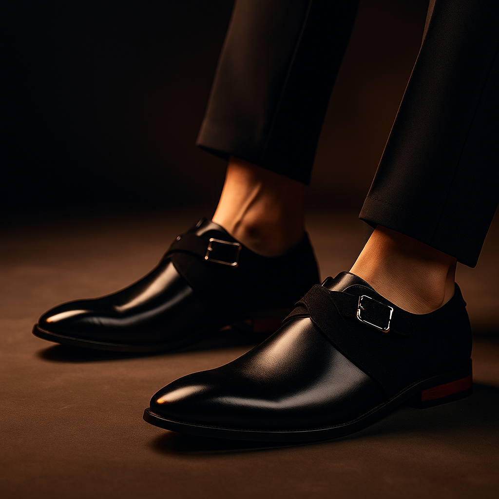 Versatile men's Bellagio black leather Derby shoes, perfect for sophisticated formal outfits & comfortable office wear.