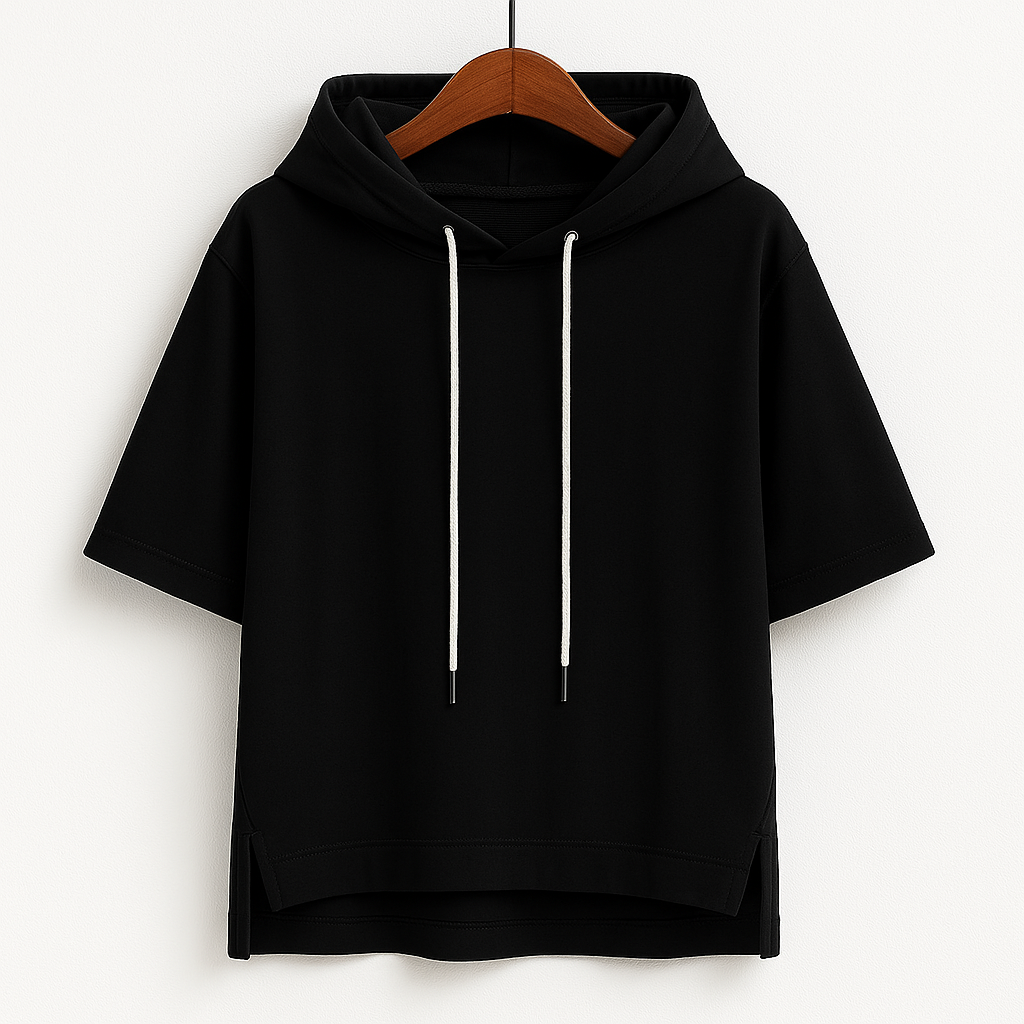 Soft women's short sleeve hoodie, providing casual comfort & relaxed fit. Stylish top for everyday spring wear.
