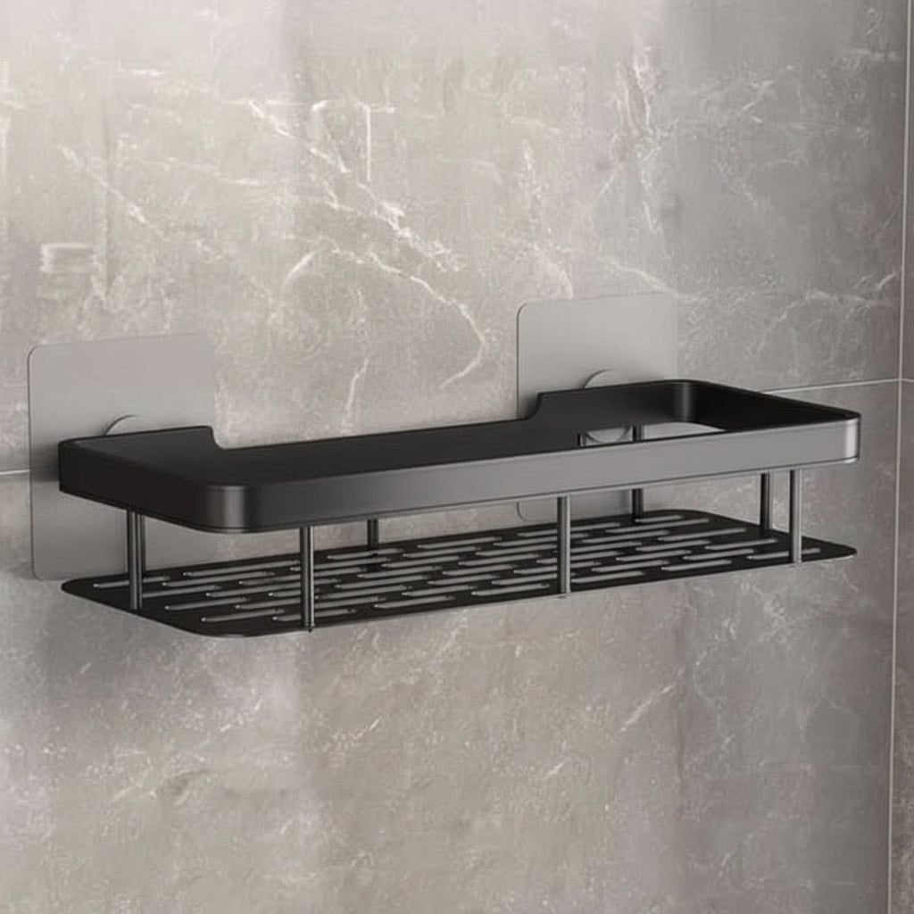 Sleek stainless steel bathroom shelf, adhesive mount for drill-free modern wall organization in showers.
