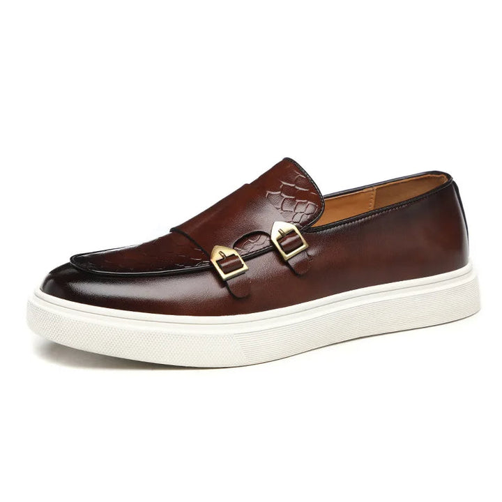 Men's slip-on dress shoes, featuring a luxurious croc-embossed finish & fashionable double buckle.