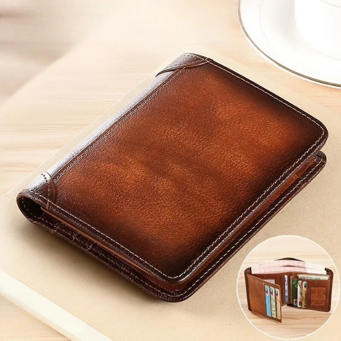 Open men's genuine leather wallet showing multiple card slots and currency compartment, vintage style.